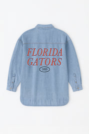 Light Wash Florida Gators Oversized Denim Jacket - Flat Lay Back View, Vintage Logo Detail | Gameday Couture - SOHO