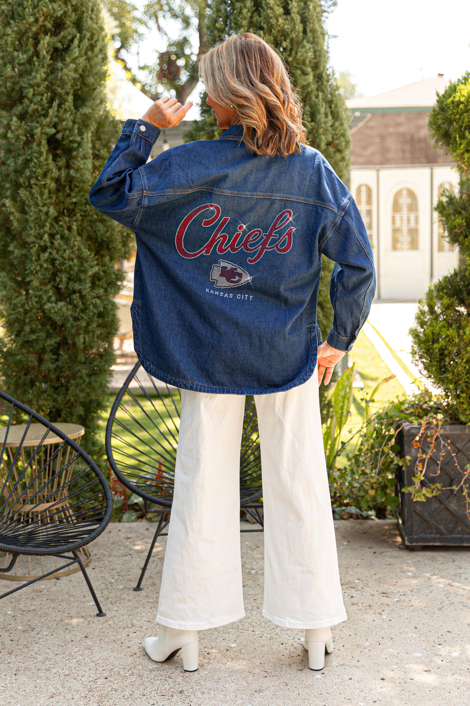 KANSAS CITY CHIEFS SHINE TIME OVERSIZED DENIM JACKET