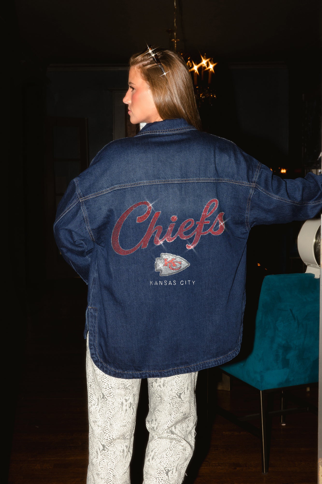 KANSAS CITY CHIEFS SHINE TIME OVERSIZED DENIM JACKET