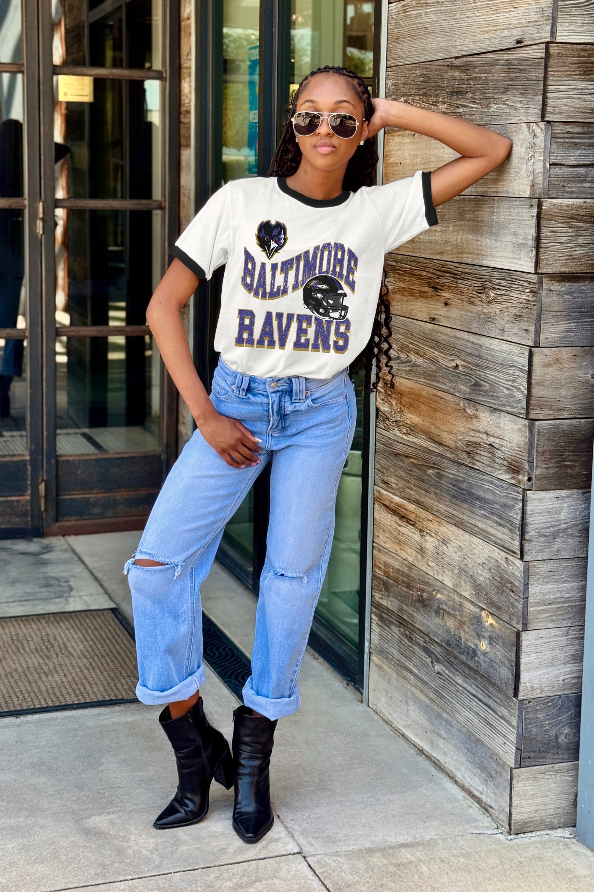 BALTIMORE RAVENS HARD EARNED VINTAGE RINGER TEE