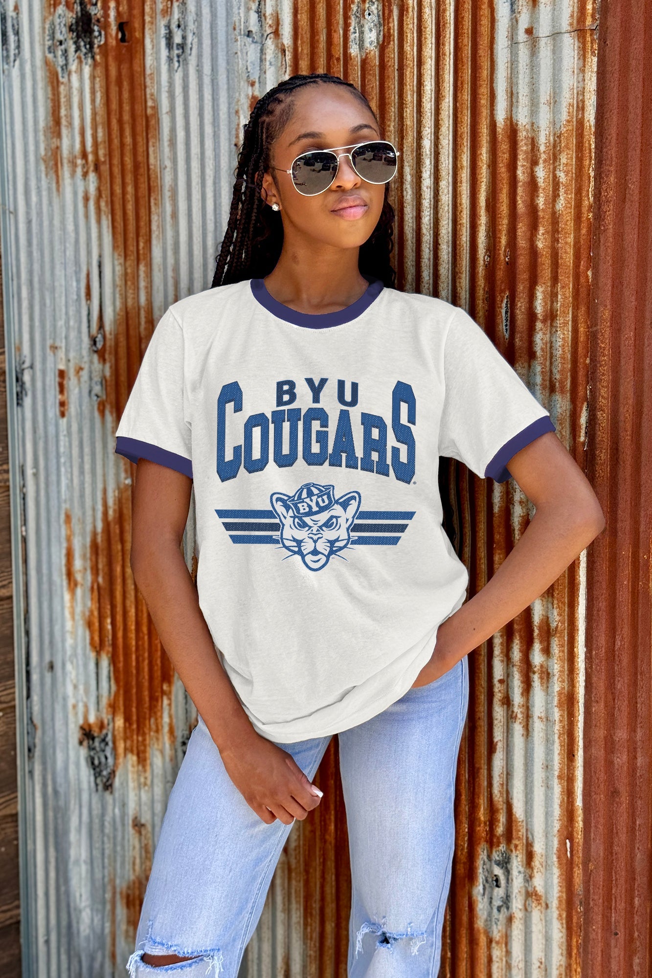 BYU COUGARS SWIFT STRIKE VINTAGE RINGER TEE