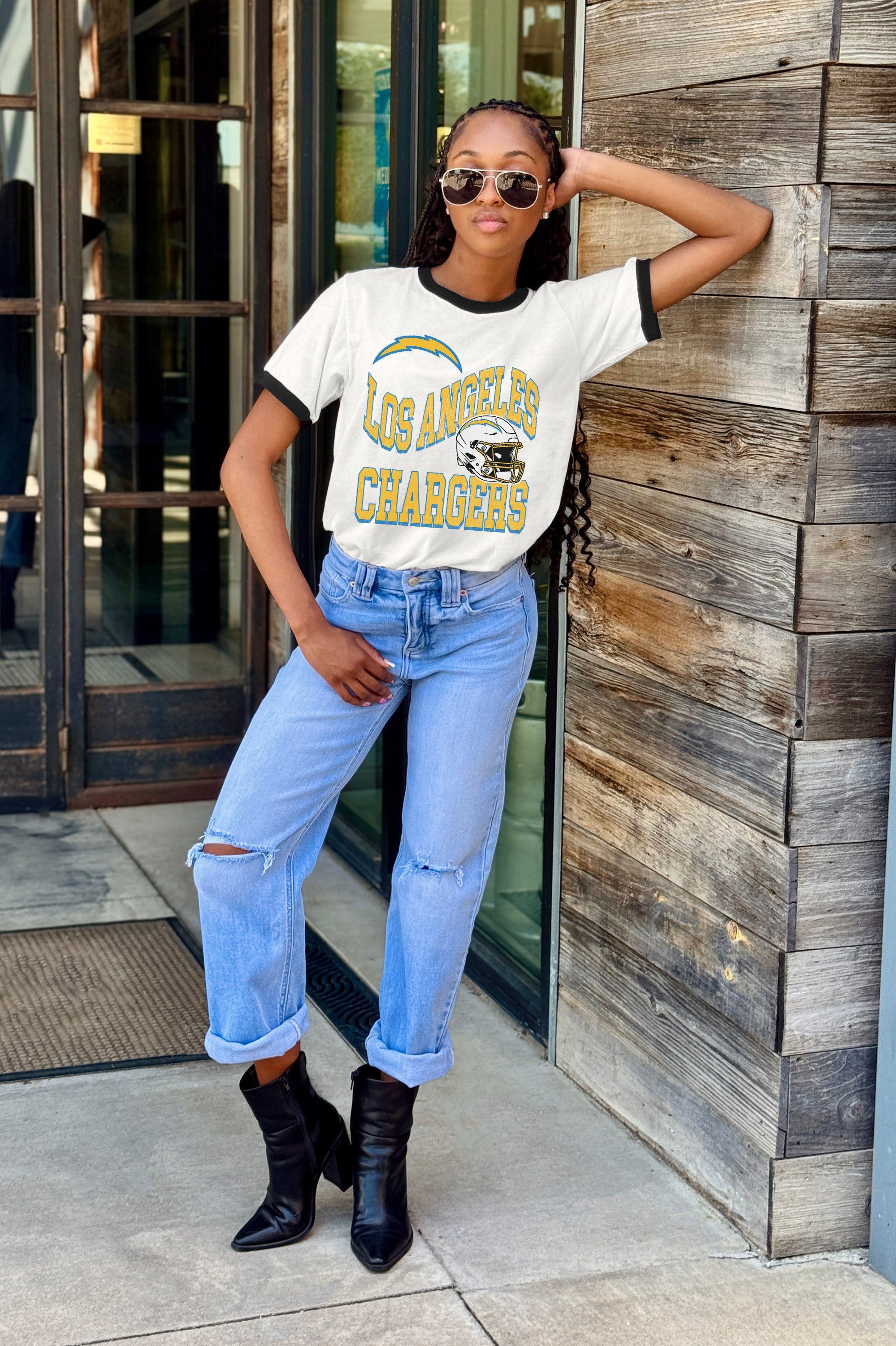 LOS ANGELES CHARGERS HARD EARNED VINTAGE RINGER TEE