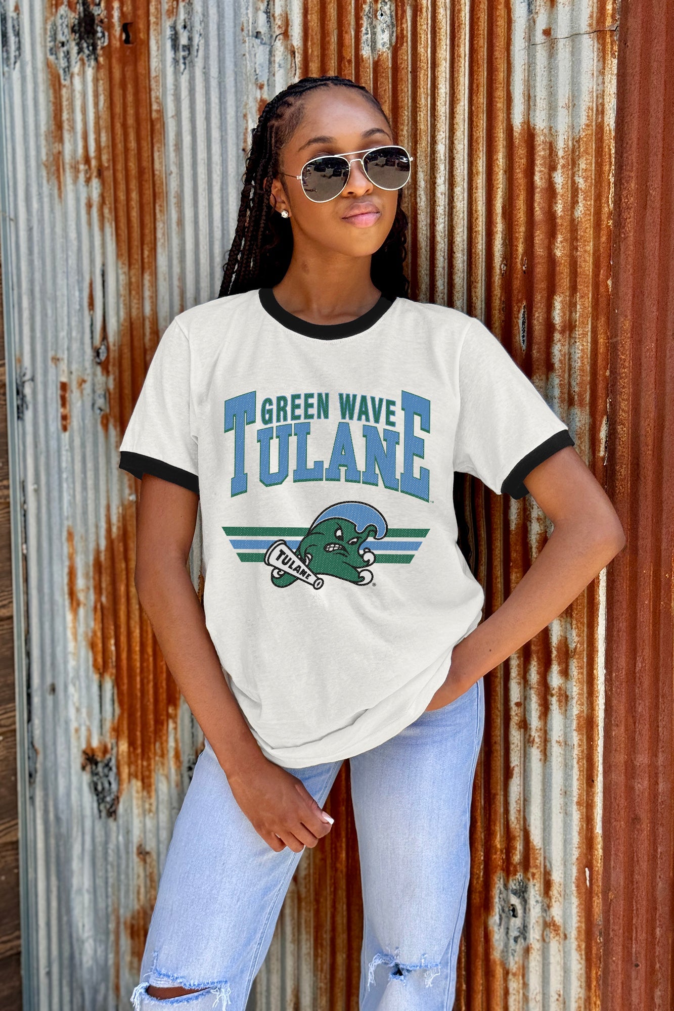 TULANE GREEN WAVE SWIFT STRIKE VINTAGE RINGER TEE