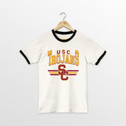 USC Trojans Swift Strike Vintage Ringer Tee Ivory/Black - Front Hanger View | Gameday Couture - SOHO