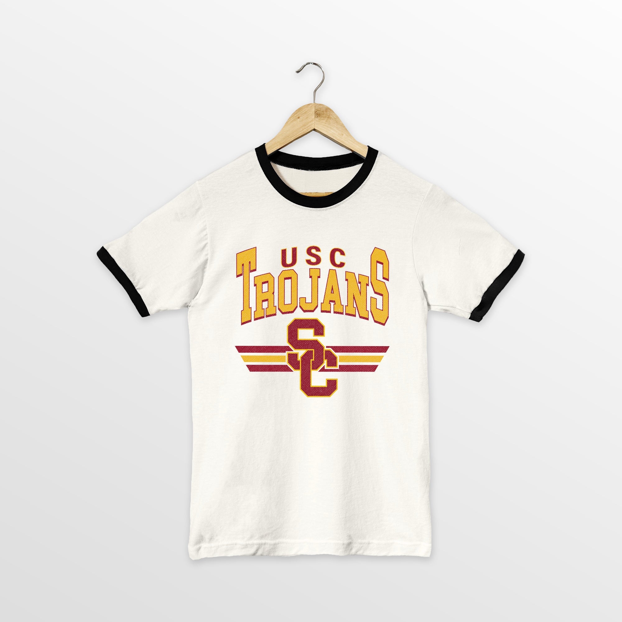 USC Trojans Swift Strike Vintage Ringer Tee Ivory/Black - Front Hanger View | Gameday Couture - SOHO