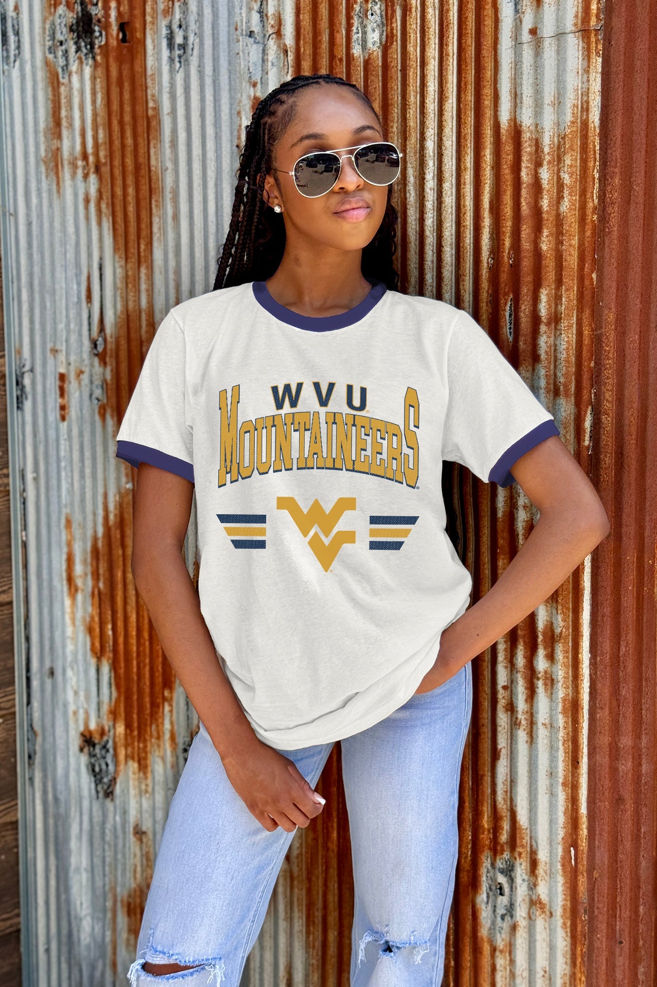 WEST VIRGINIA MOUNTAINEERS SWIFT STRIKE VINTAGE RINGER TEE