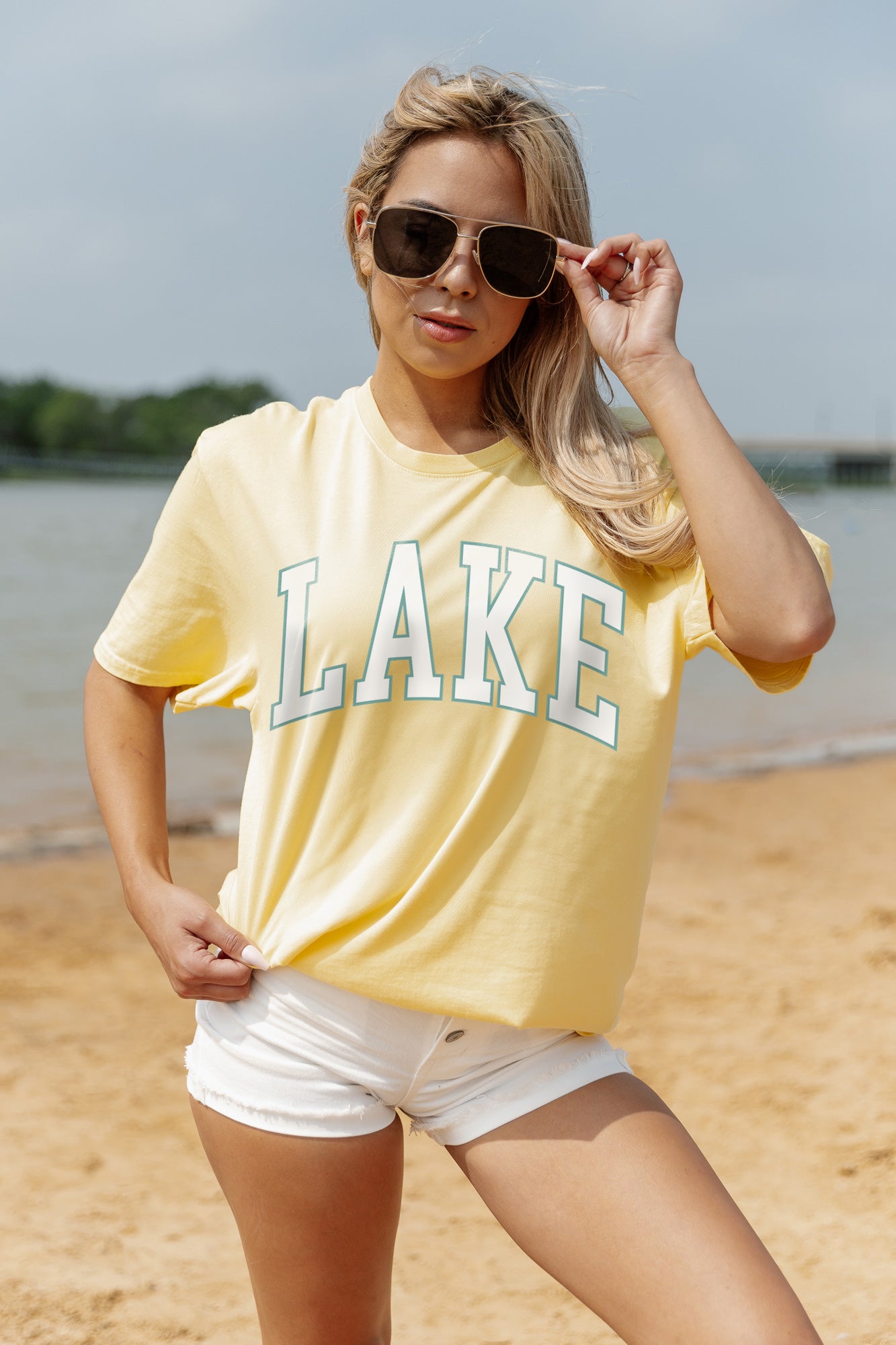 Yellow ANCHOR ME TO THE LAKE Garment Dyed Boyfriend Tee - Front Graphic Detail On Model | Gameday Couture - SOHO