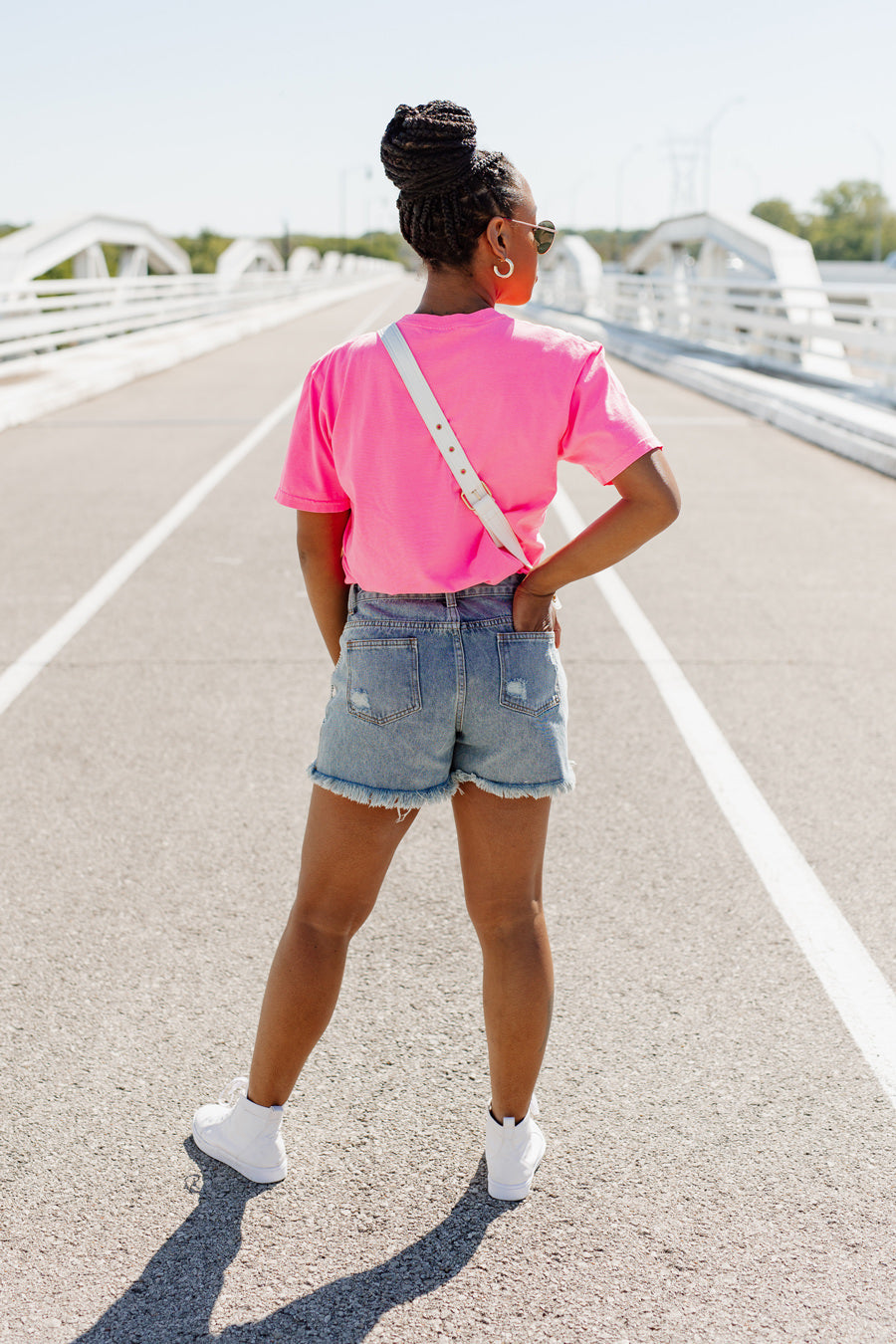 Neon Pink STARS ACROSS THE USA VINTAGE WASH BOYFRIEND TEE - Back Full Body | Gameday Couture - SOHO