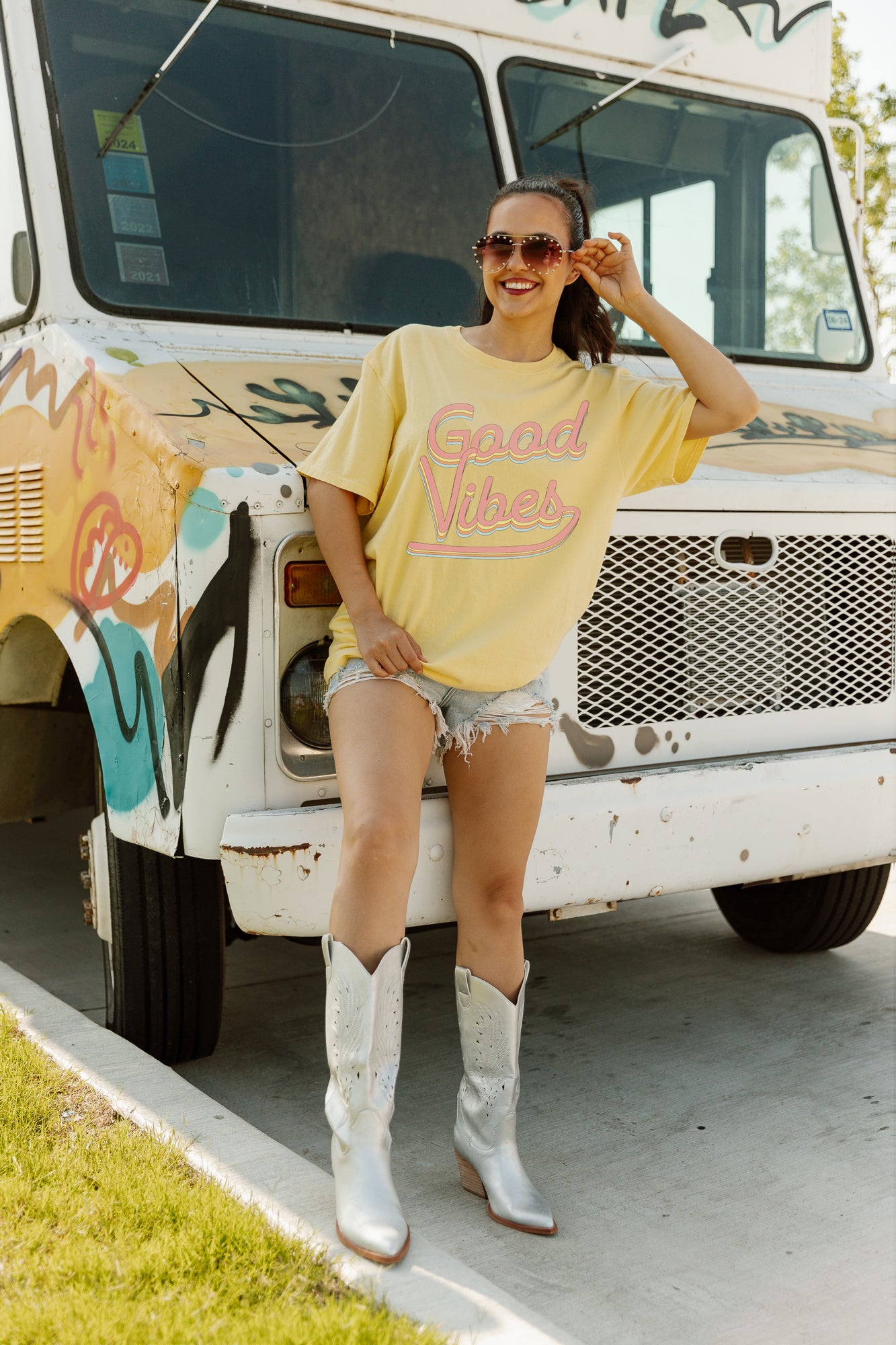 Yellow BORN FREE GARMENT DYED BOYFRIEND TEE - Good Vibes On Model | Gameday Couture - SOHO