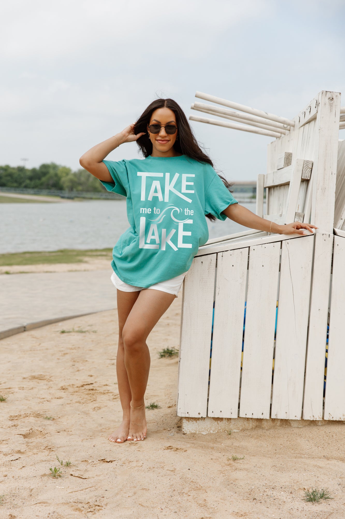 LAKE VACAY PLEASE GARMENT DYED BOYFRIEND TEE IN GREEN