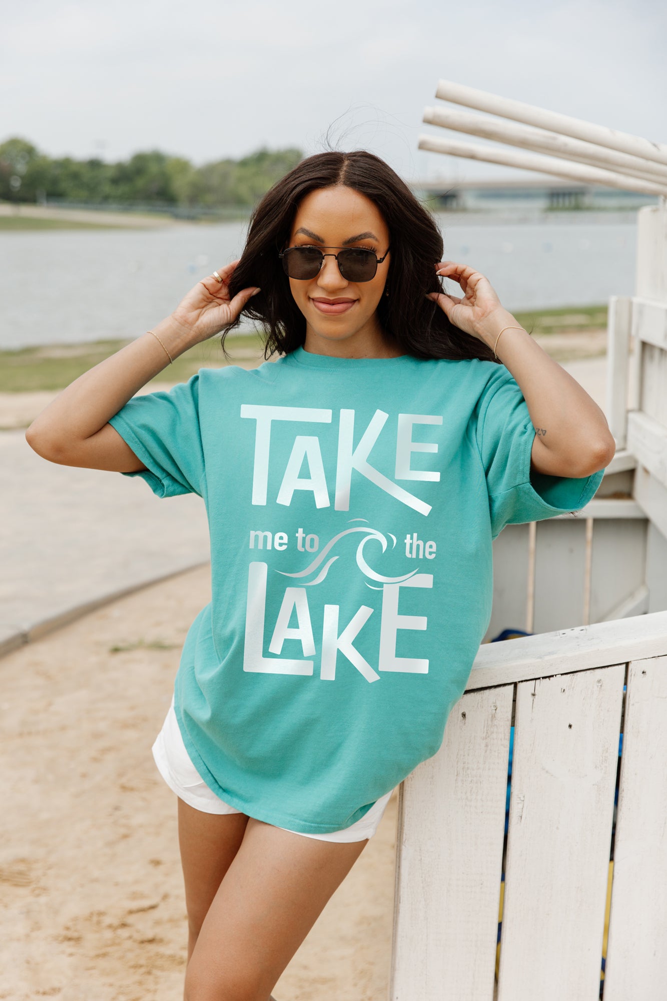 LAKE VACAY PLEASE GARMENT DYED BOYFRIEND TEE IN GREEN
