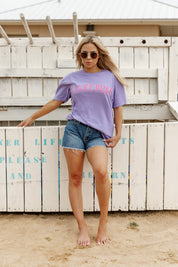 Purple BUMMIN IT AT THE LAKE Garment Dyed Boyfriend Tee - On Model Front View | Gameday Couture - SOHO
