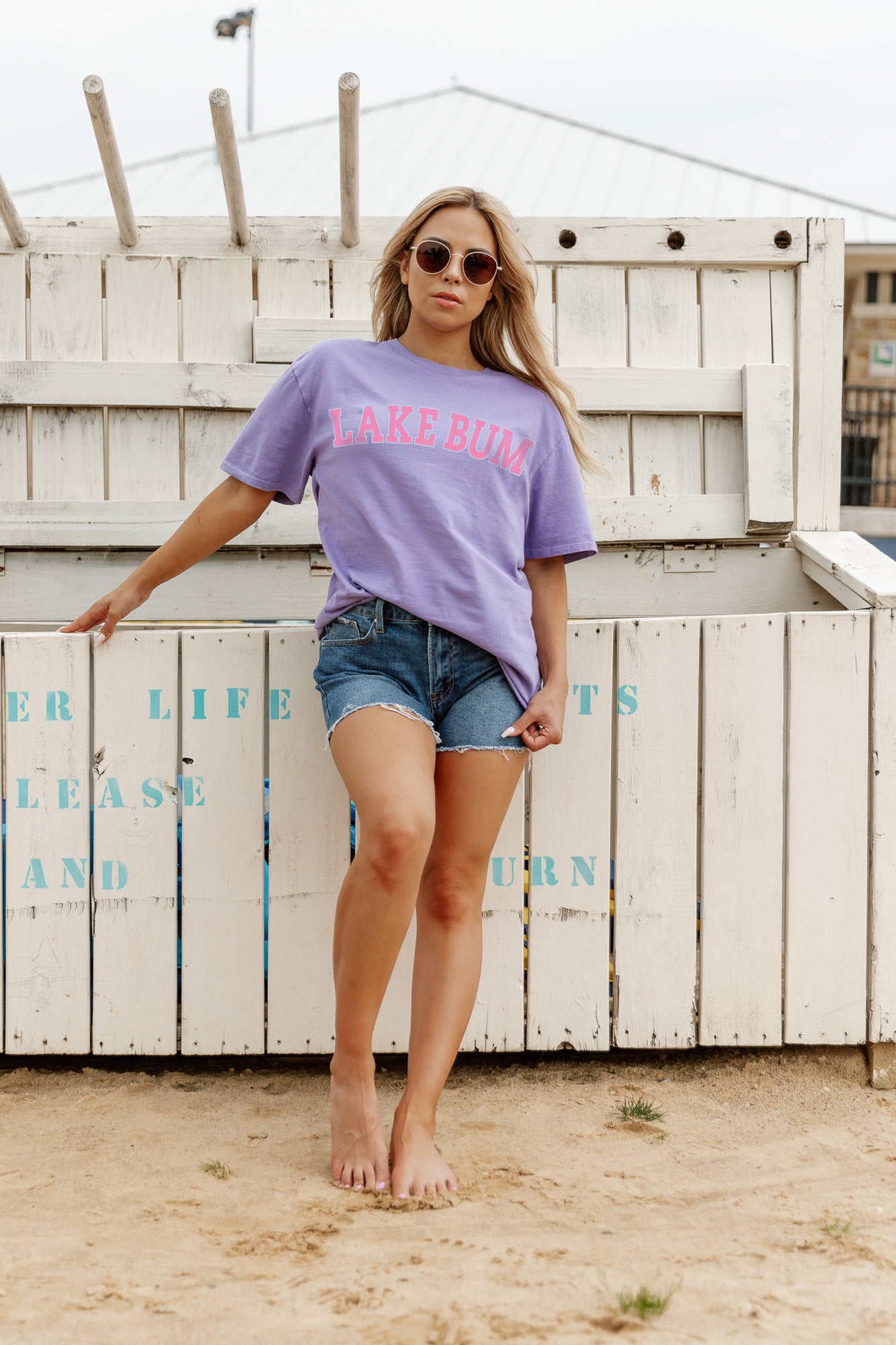 Purple BUMMIN IT AT THE LAKE Garment Dyed Boyfriend Tee - On Model Close-Up | Gameday Couture - SOHO
