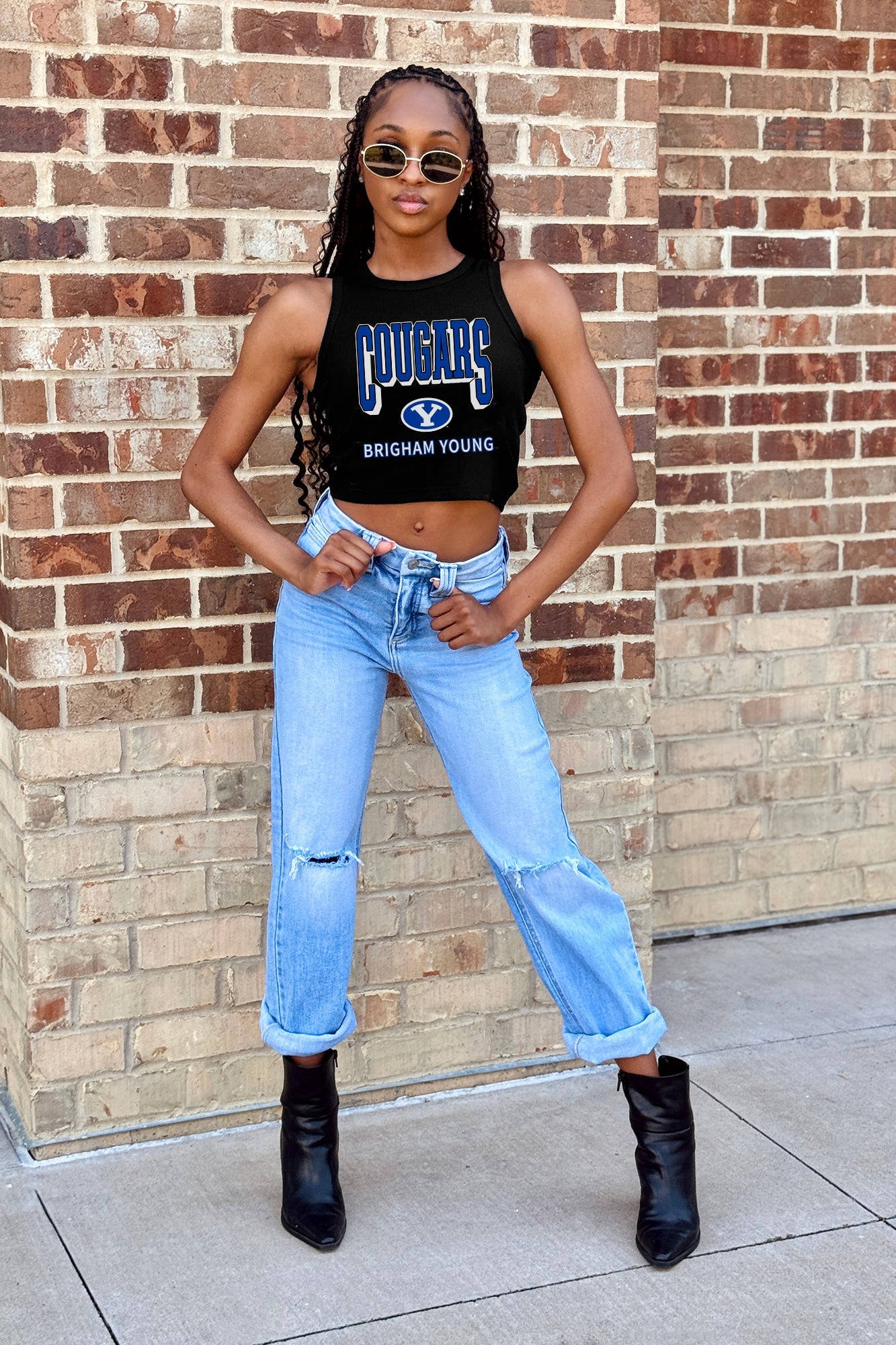 Black BYU Cougars Ribbed Crop Tank styled with jeans - On Model Front View | Gameday Couture - SOHO