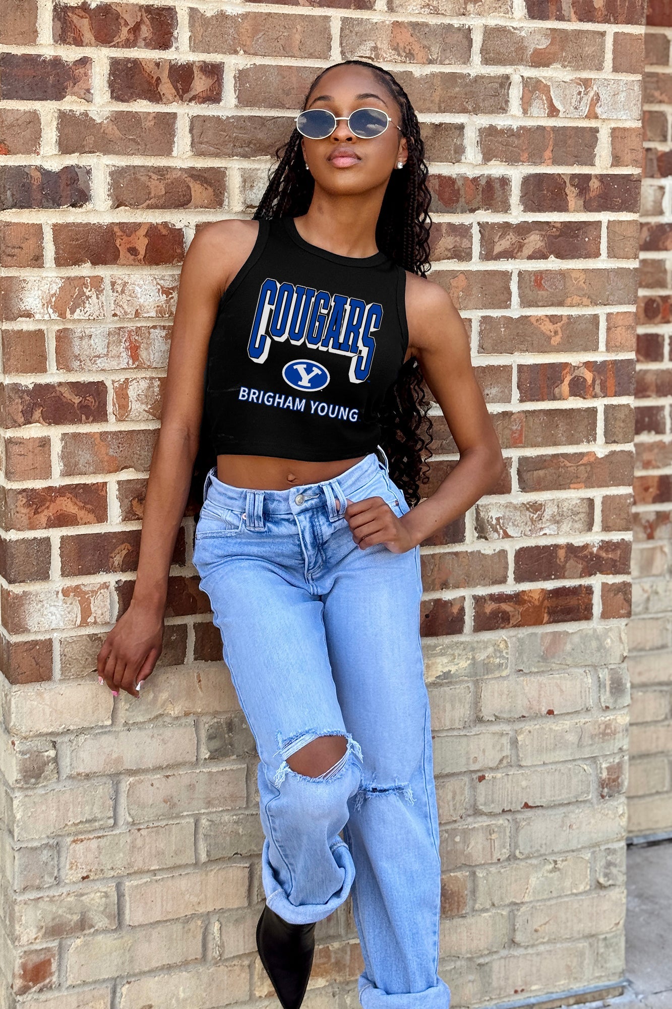 Black BYU Cougars Essential Ribbed Crop Tank - On Model Close-Up Front | Gameday Couture - SOHO