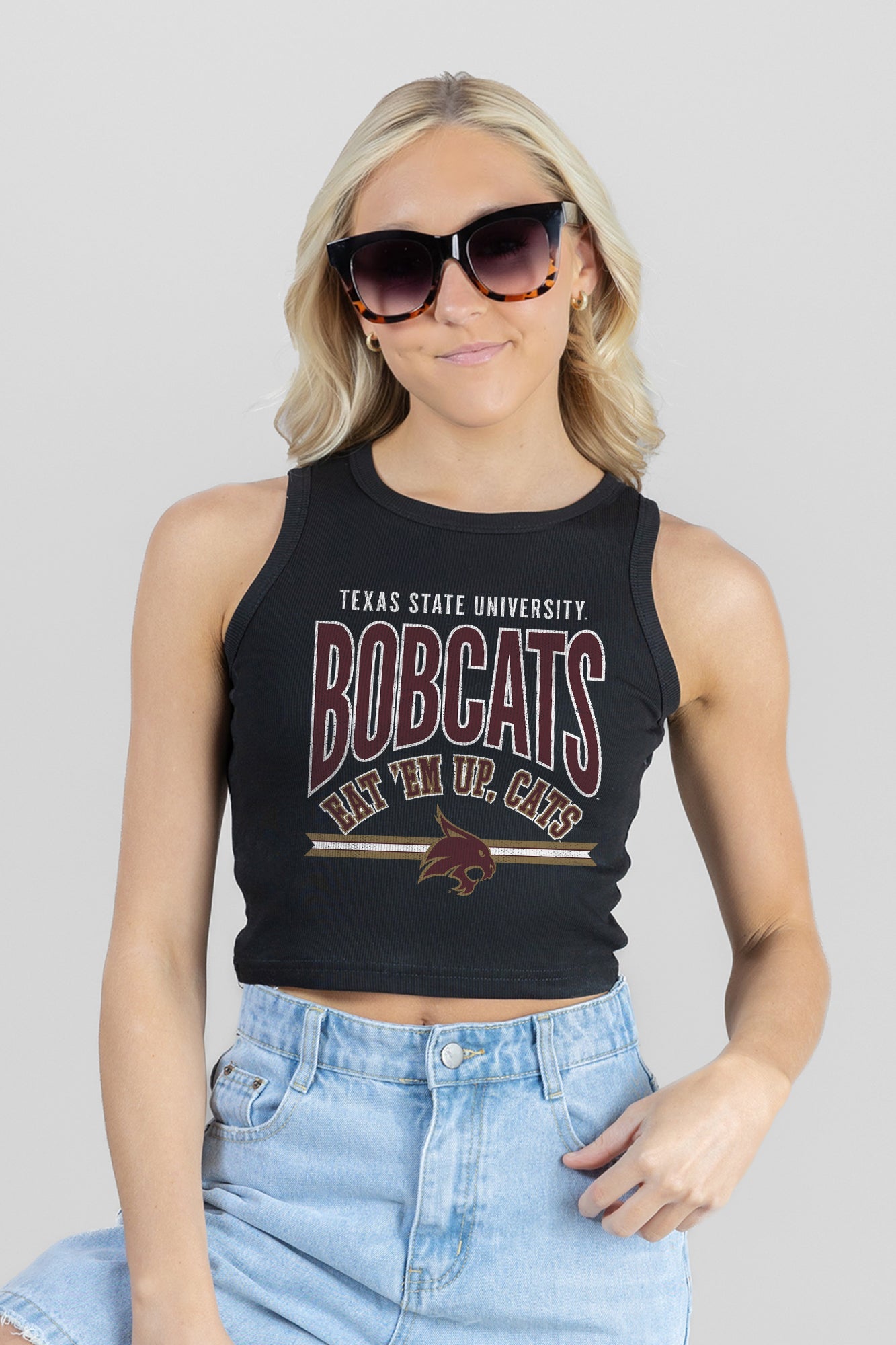 TEXAS STATE BOBCATS MIC DROP ESSENTIAL RIBBED CROP TANK