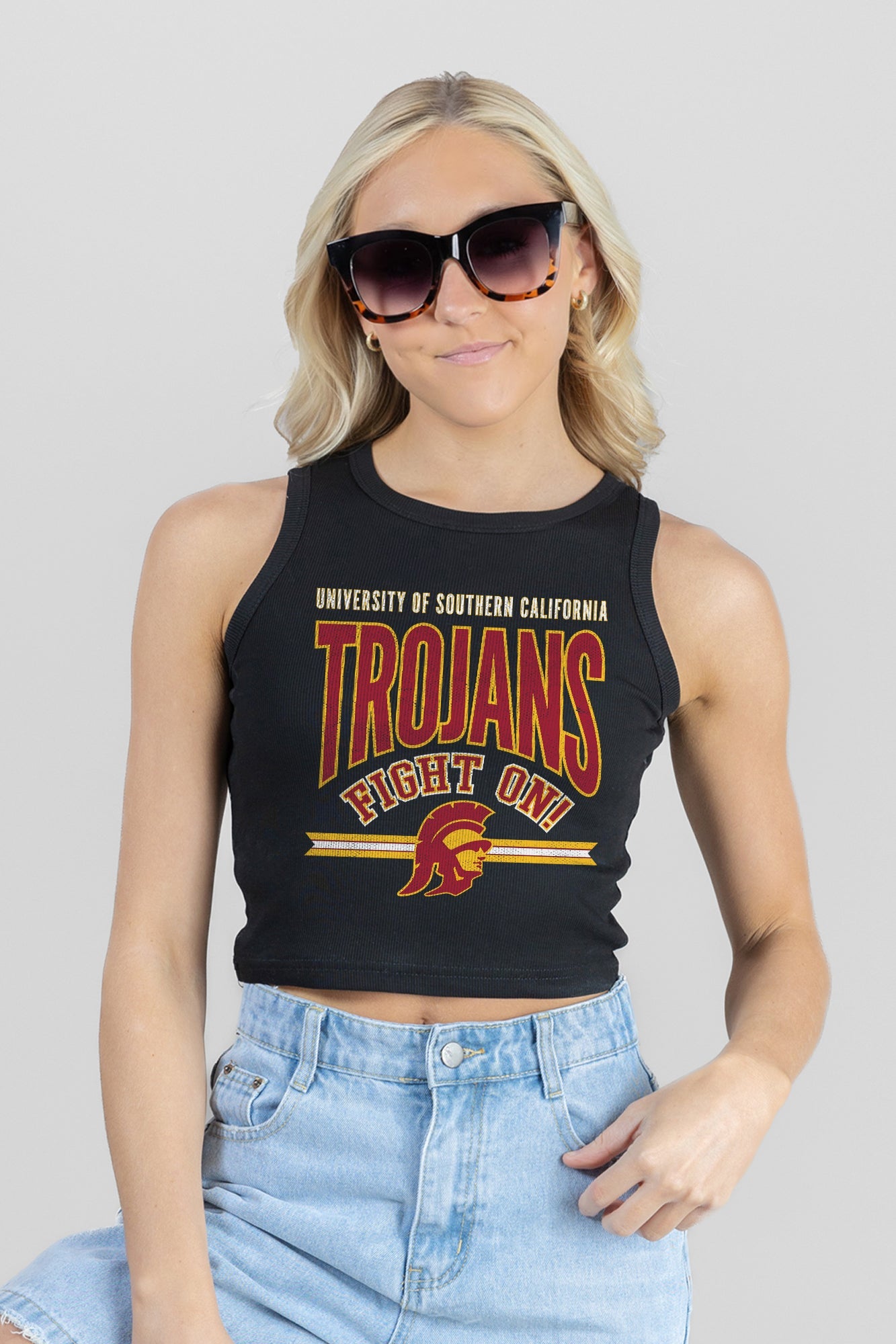 USC TROJANS MIC DROP ESSENTIAL RIBBED CROP TANK