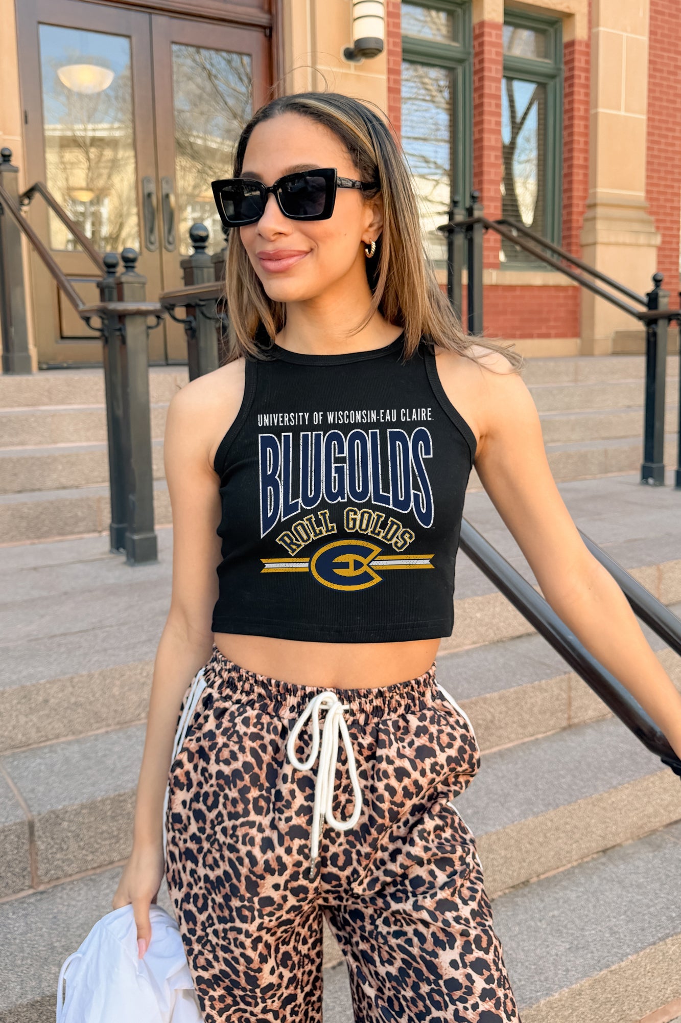 WISCONSIN-EAU CLAIRE BLUGOLDS MIC DROP ESSENTIAL RIBBED CROP TANK