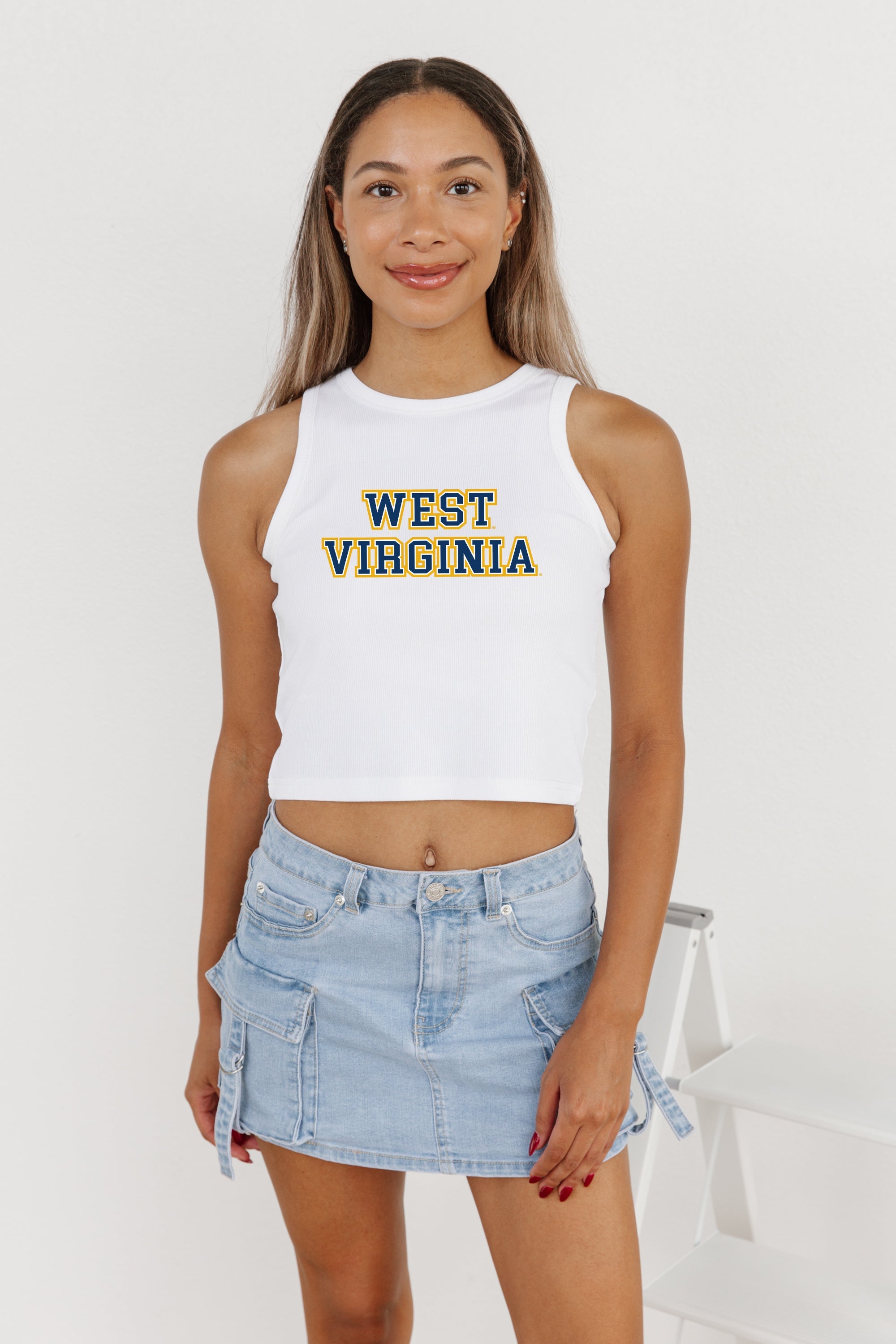 WEST VIRGINIA MOUNTAINEERS WINNING TRADITION ESSENTIAL RIBBED CROP TANK BY MADI PREWETT TROUTT