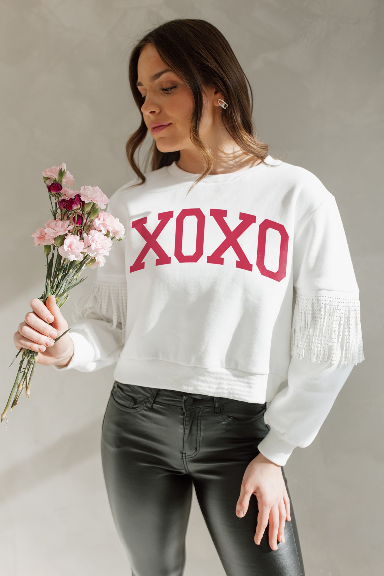 XOXO VARSITY FRINGE SWEATSHIRT