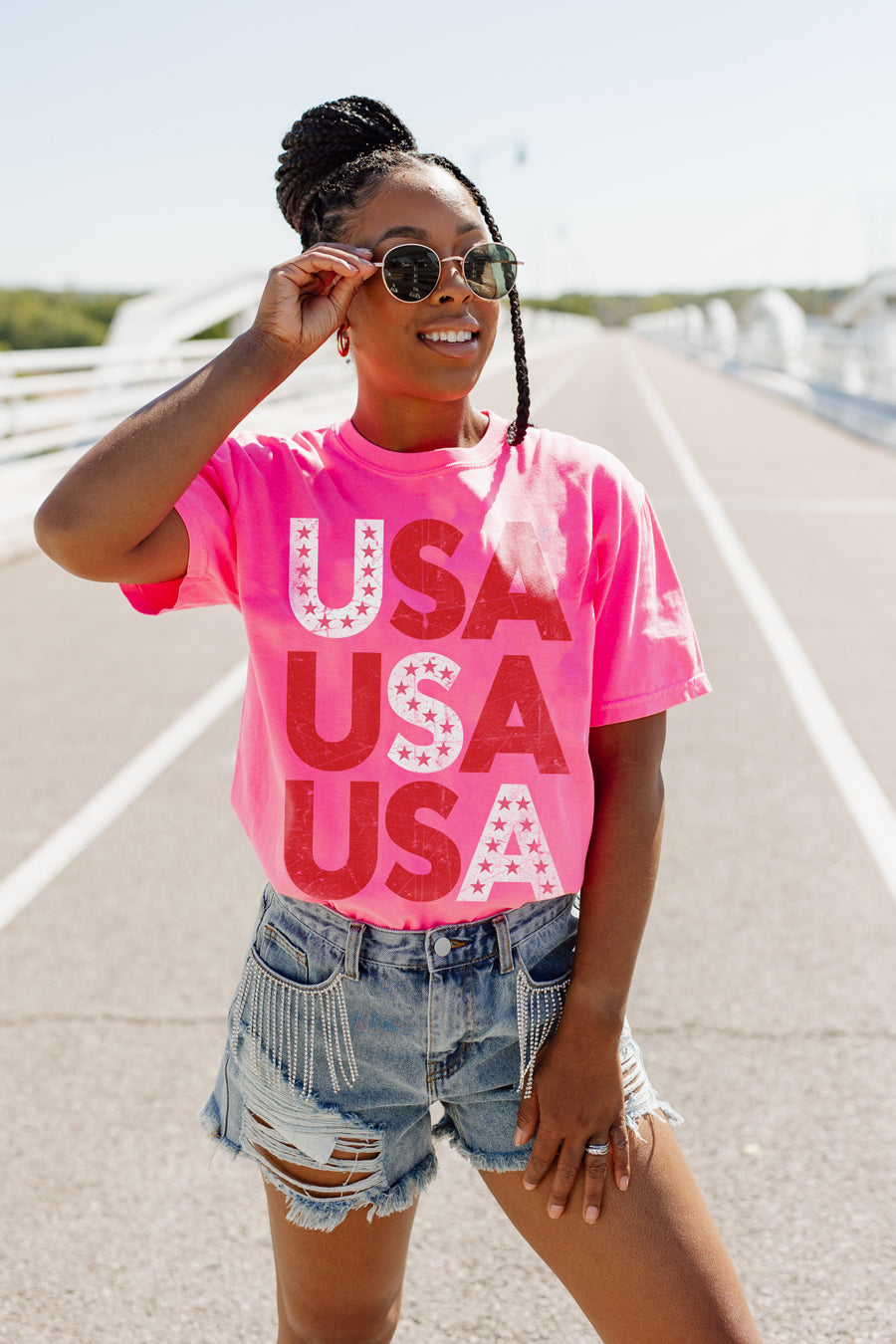 Neon Pink STARS ACROSS THE USA VINTAGE WASH BOYFRIEND TEE - On Model Close Up | Gameday Couture - SOHO