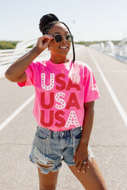 Neon Pink STARS ACROSS THE USA VINTAGE WASH BOYFRIEND TEE - On Model Close Up | Gameday Couture - SOHO