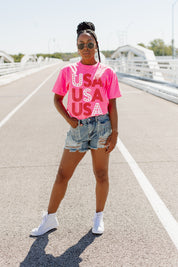 Neon Pink STARS ACROSS THE USA VINTAGE WASH BOYFRIEND TEE - Front View | Gameday Couture - SOHO