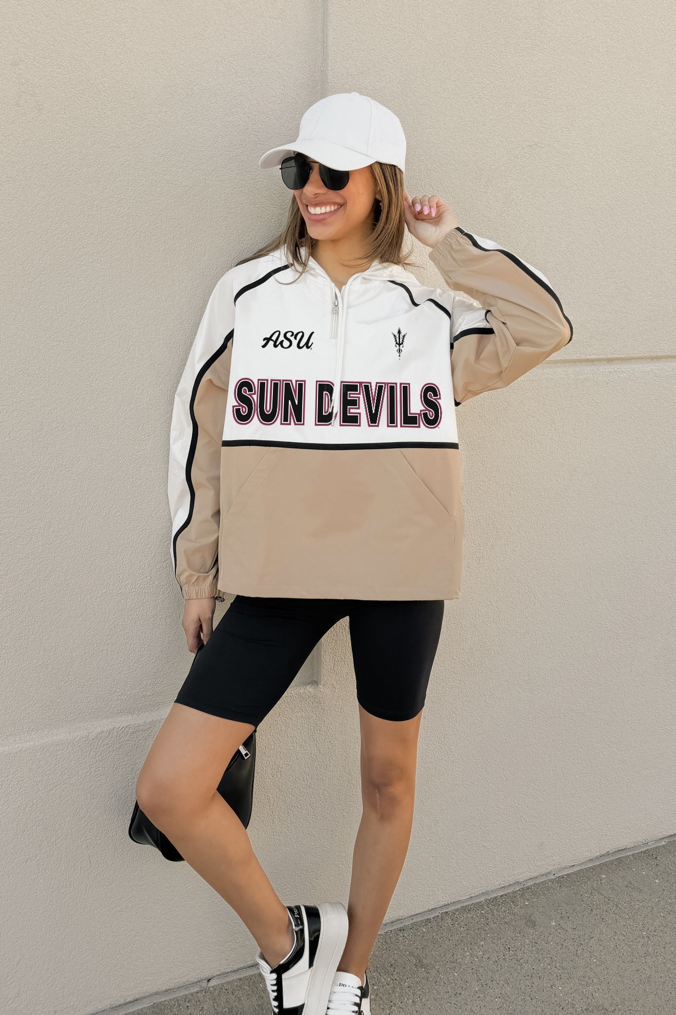 Tan Arizona State Sun Devils Colorblock Windbreaker Quarterzip - Full Body Front | Gameday Couture - SOHO