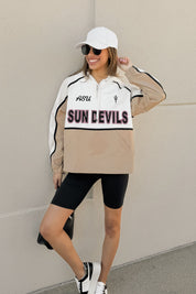 Tan Arizona State Sun Devils Colorblock Windbreaker Quarterzip - Full Body Front | Gameday Couture - SOHO