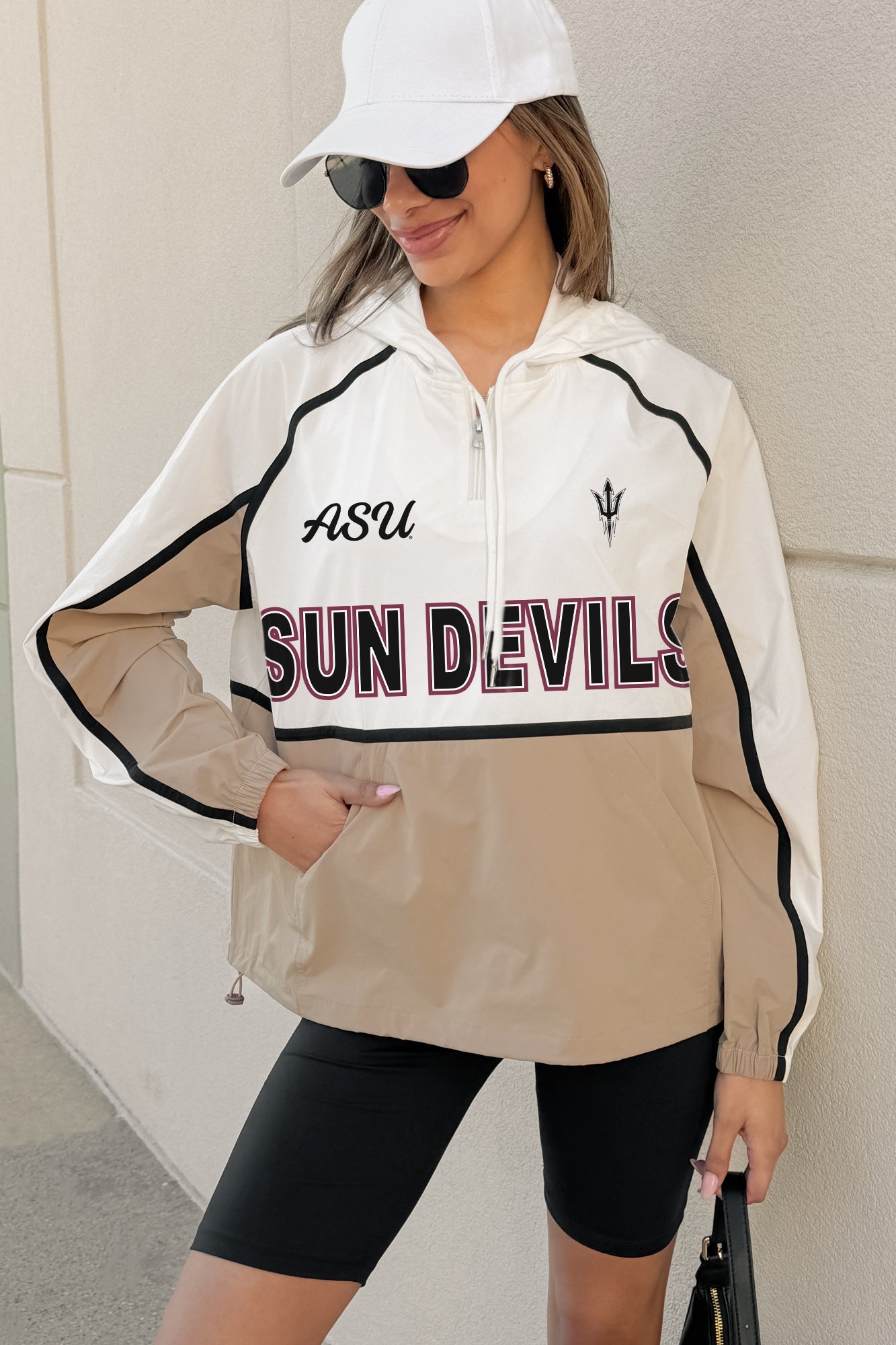 Tan Arizona State Sun Devils Colorblock Windbreaker - Back View Showing Hood & Colorblock Panels | Gameday Couture - SOHO