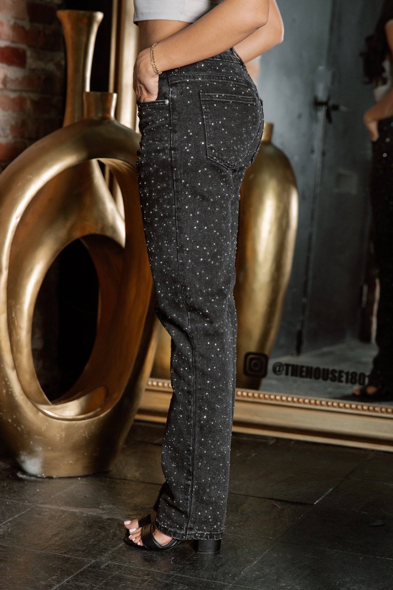 EVIE RHINESTONE EMBELLISHED JEANS IN BLACK