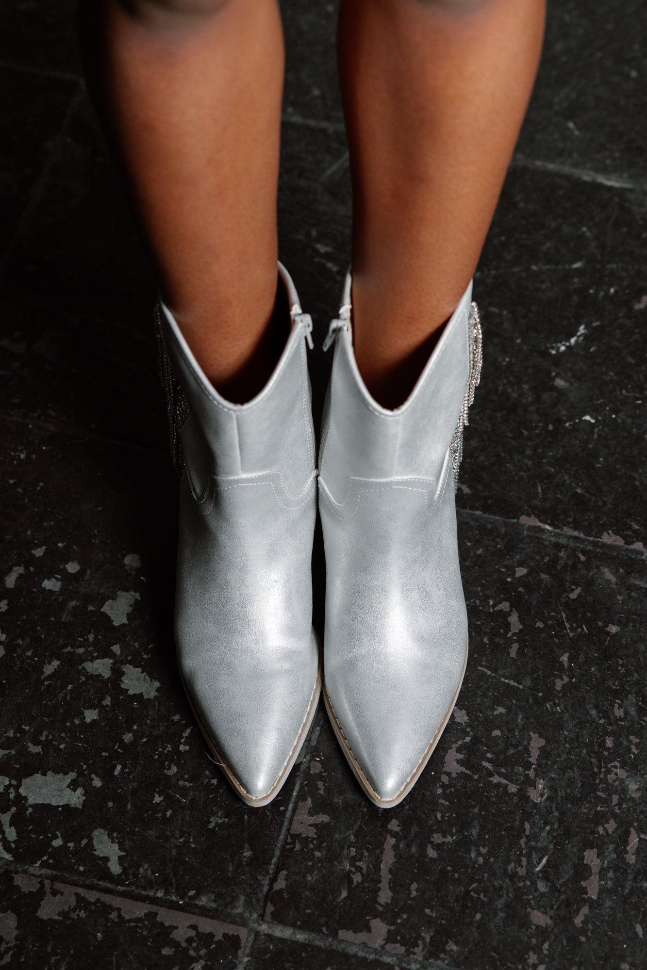 Silver Pointed Toe Block Heel Booties On Model - Front Top-Down View | Gameday Couture - SOHO