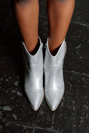 Silver Pointed Toe Block Heel Booties On Model - Front Top-Down View | Gameday Couture - SOHO