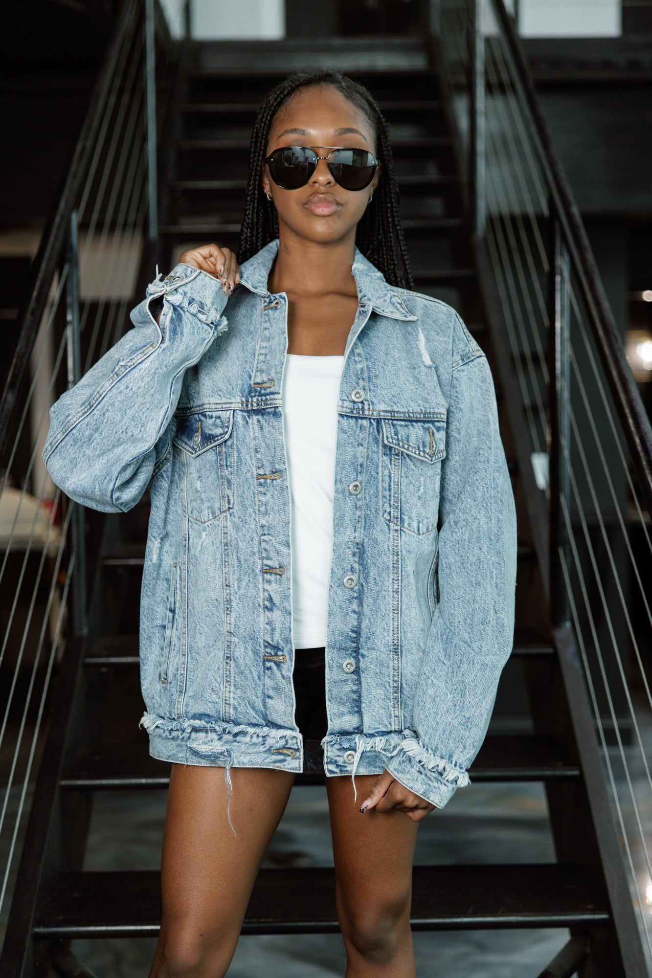 ESSENTIAL DISTRESSED DENIM BOYFRIEND JACKET