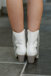 White Leather Crystal Fringe Booties - Back View Fringe Detail | Gameday Couture - SOHO