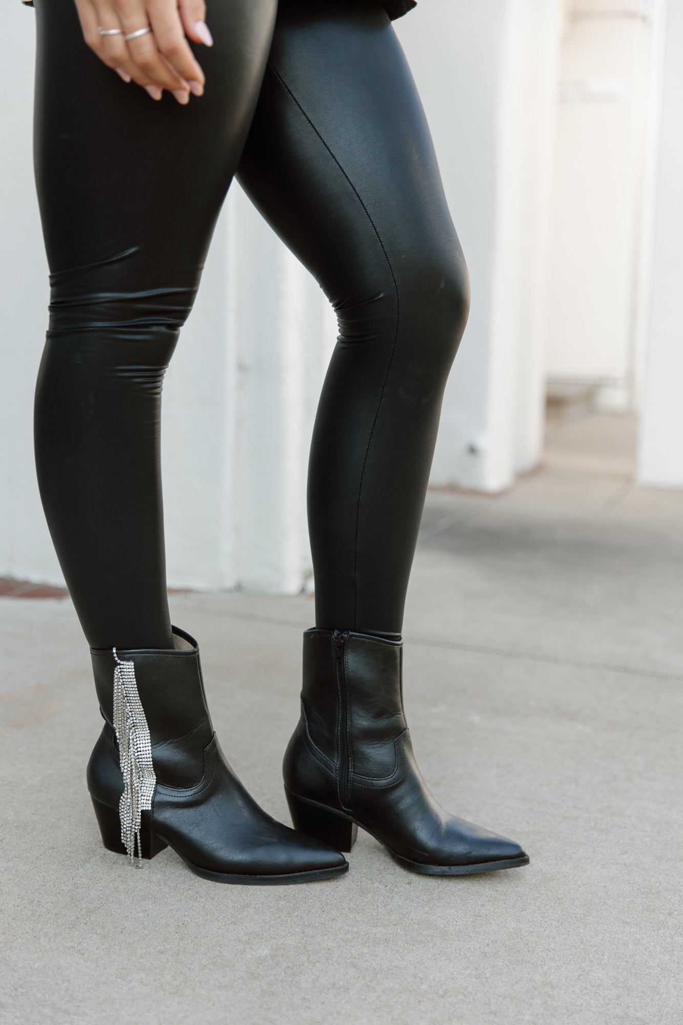 Black Leather Crystal Fringe Booties - Front Styled Look | Gameday Couture - SOHO