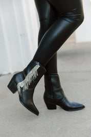 Black Leather Crystal Fringe Booties - Side Walking View | Gameday Couture - SOHO