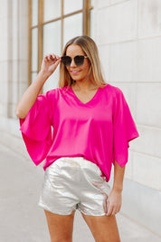 MORWEN V-NECK BAT BLOUSE IN PINK