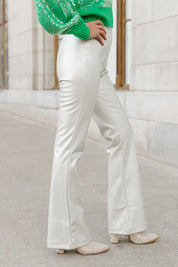 TAKE ME OUT HIGH WAIST FLARE FAUX LEATHER PANTS IN SILVER