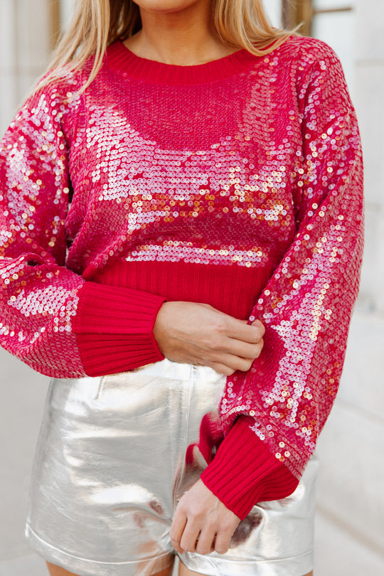 STARLIGHT SEQUIN LONG SLEEVE CROP SWEATER IN RED
