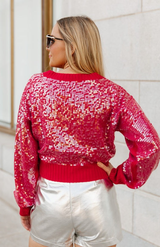 STARLIGHT SEQUIN LONG SLEEVE CROP SWEATER IN RED