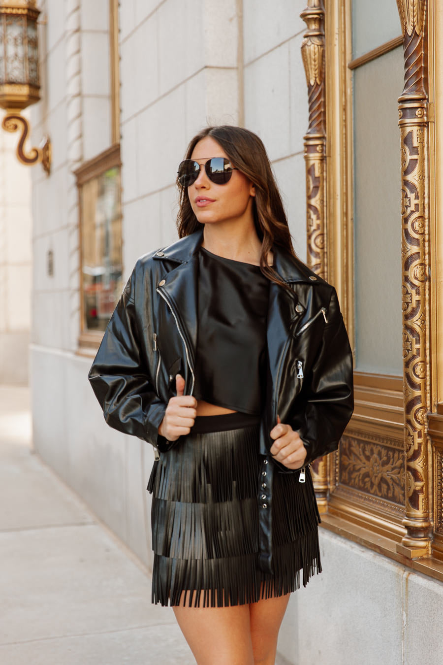 DYLAN CROPPED FAUX LEATHER MOTO JACKET IN BLACK | Gameday Couture