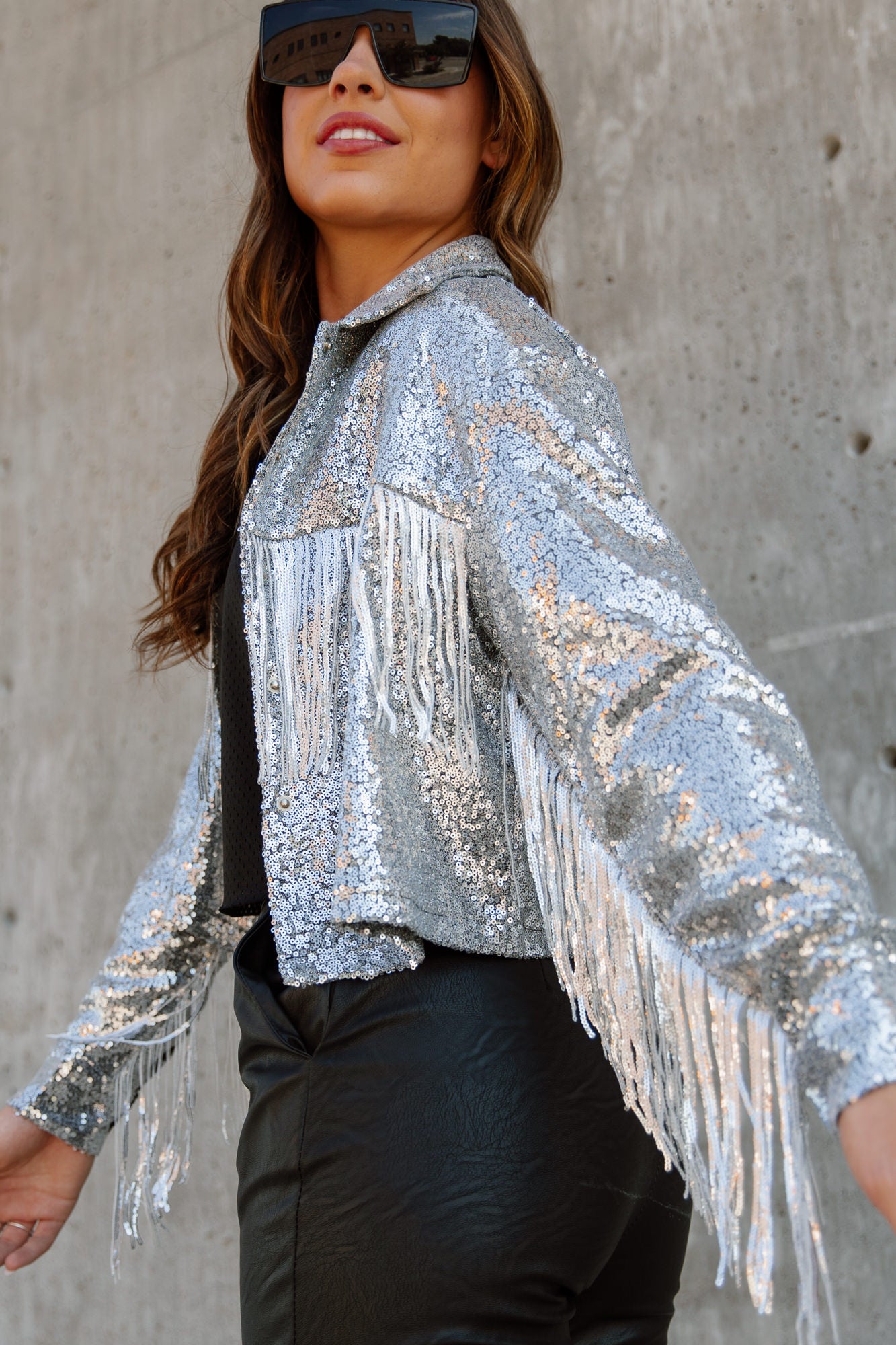 Soho Mirrorball Sequin Fringe Jacket in Silver S / Silver