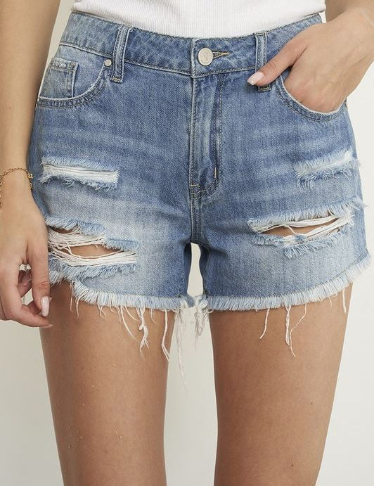FEDERICA MID RISE RIPPED RAW HEM DENIM SHORTS