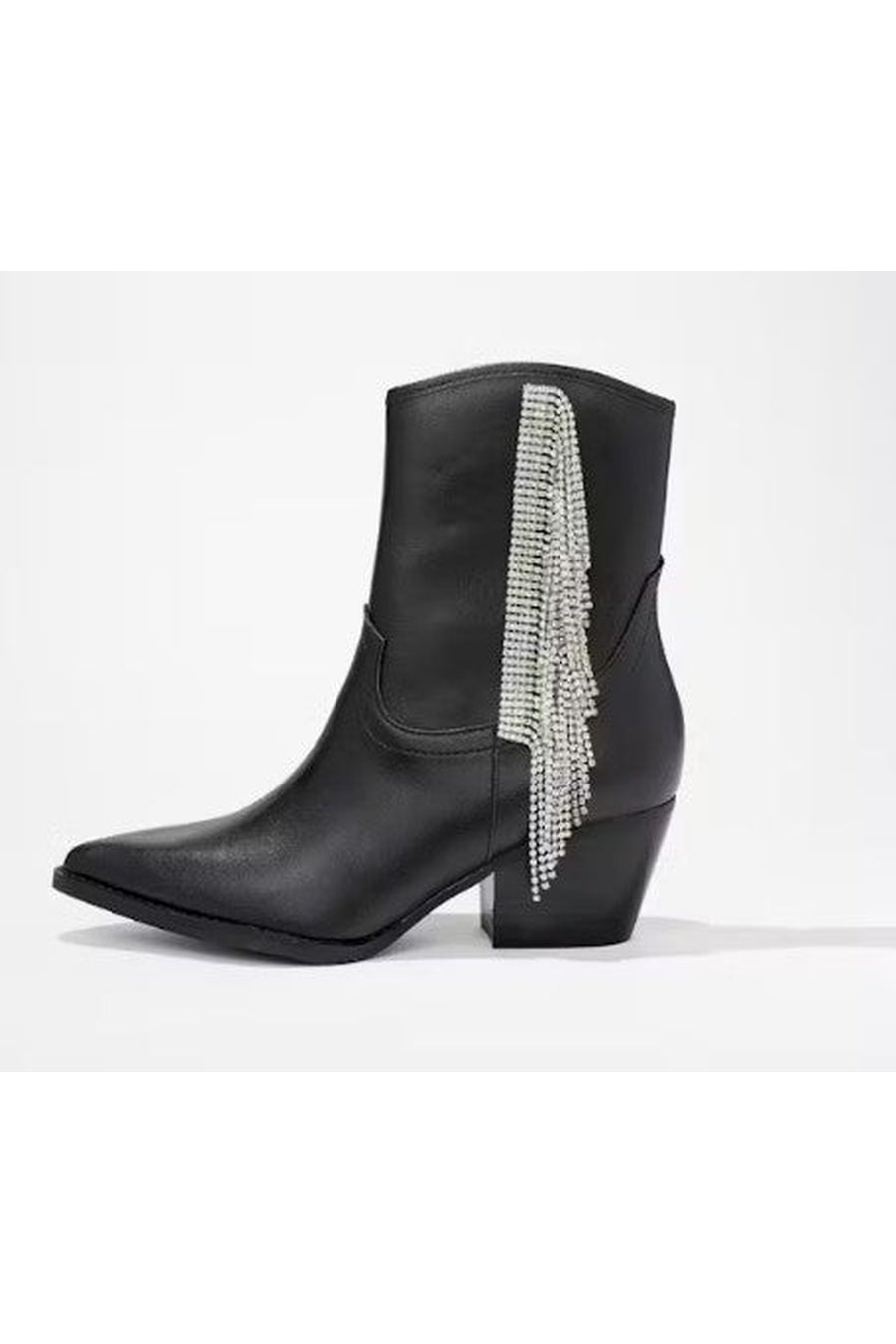 Black Leather Crystal Fringe Booties - Product Side View | Gameday Couture - SOHO