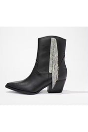 Black Leather Crystal Fringe Booties - Product Side View | Gameday Couture - SOHO