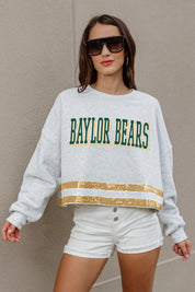 BAYLOR BEARS PASS THE SHINE LONG SLEEVE METALLIC SHIMMER-STRIPE TOP WITH RIBBED NECKLINE AND CUFFS