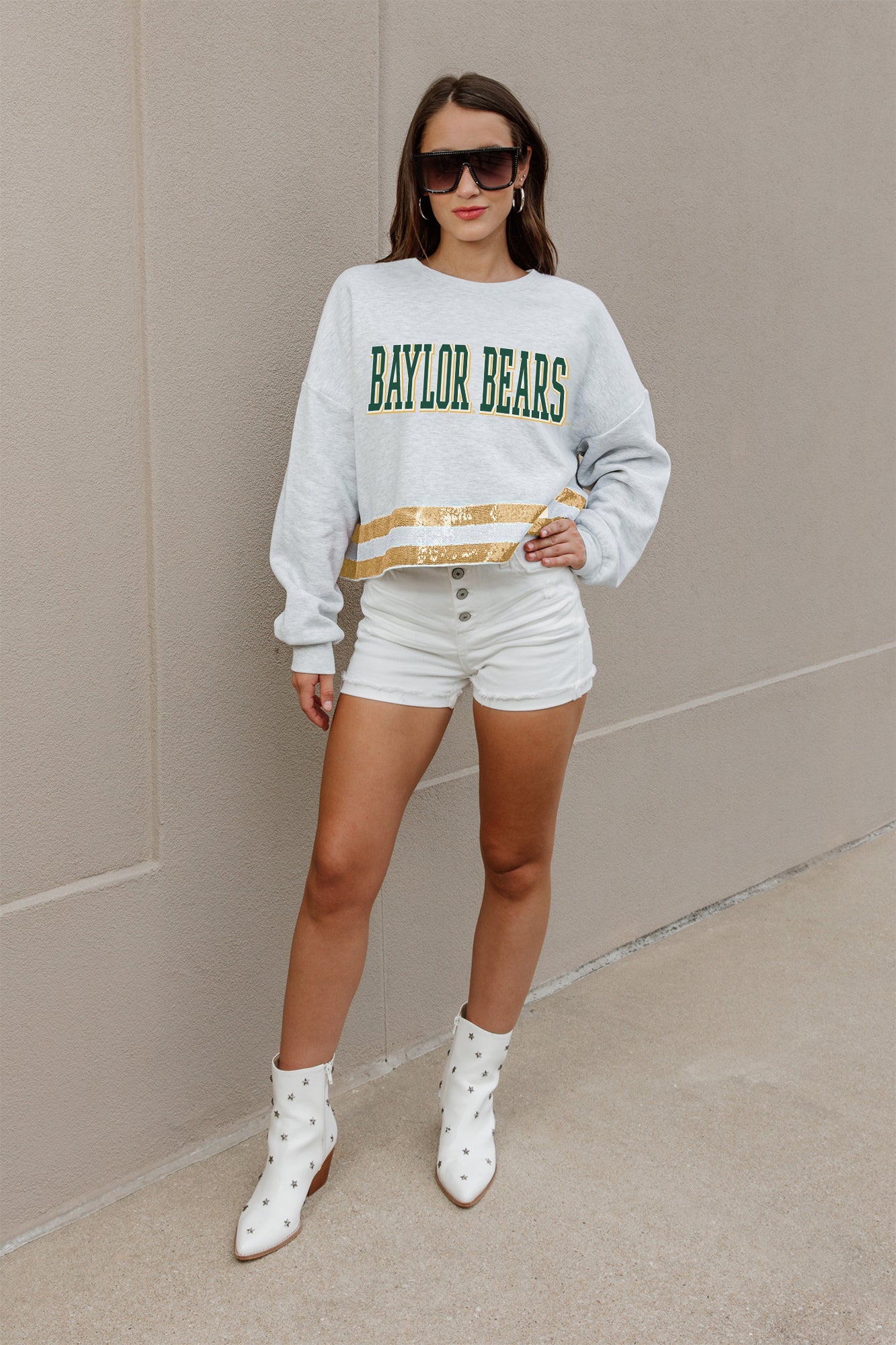 BAYLOR BEARS PASS THE SHINE LONG SLEEVE METALLIC SHIMMER-STRIPE TOP WITH RIBBED NECKLINE AND CUFFS