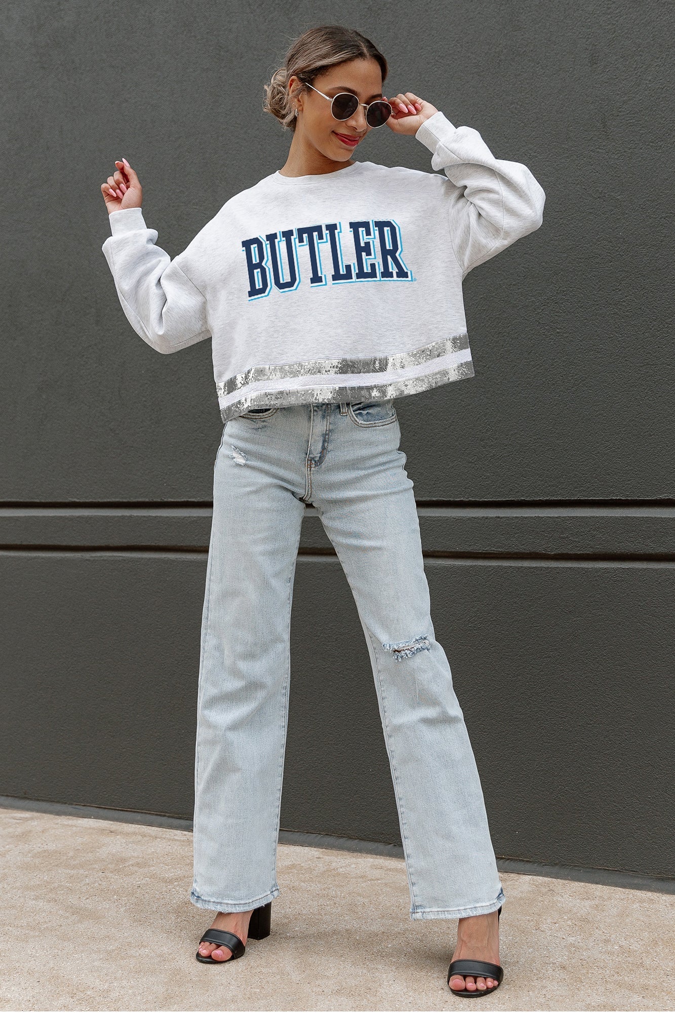 Ash/Silver Butler Bulldogs Pass The Shine Mid-Crop Sweatshirt - Front View On Model | Gameday Couture - SOHO