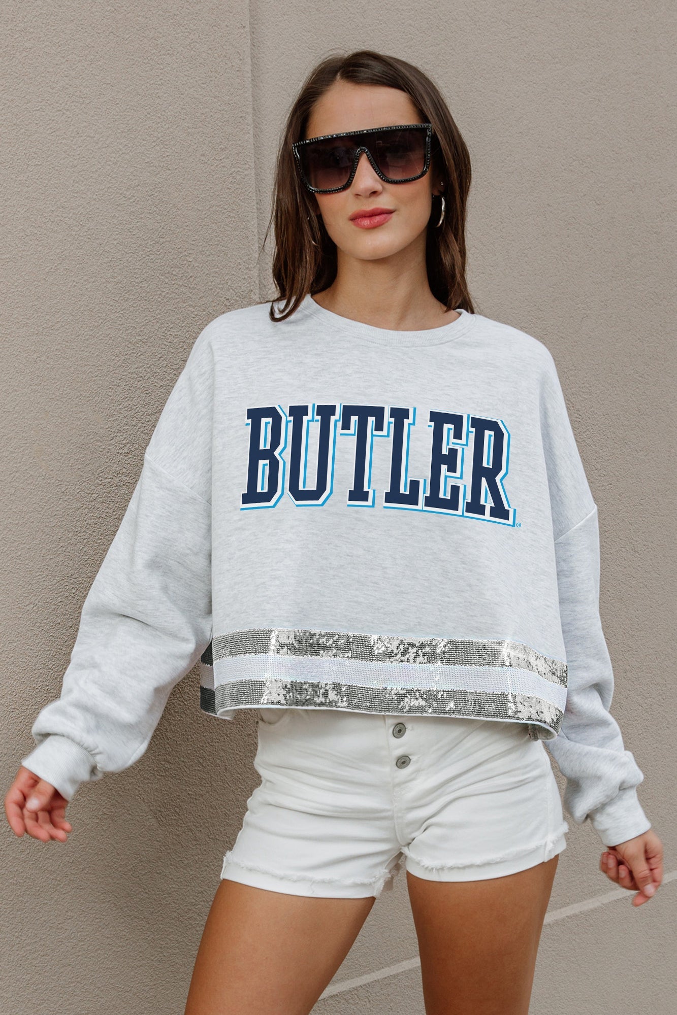Butler Bulldogs Ash Silver Sequin Hem Crop Sweatshirt - Full Body Gameday Outfit On Model | Gameday Couture - SOHO